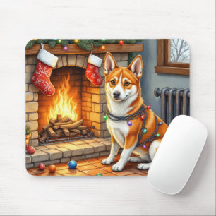 Basenji zittend bij open haard met kerstverlichtin muismat