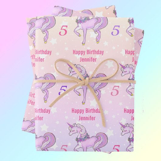 Bashful Unicorn personaliseer de naam Roze sterren Inpakpapier Vel
