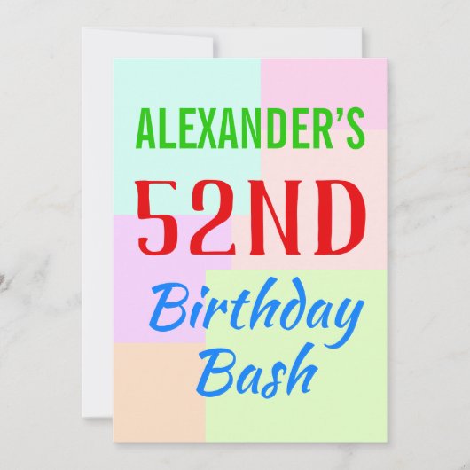Basic "52nd Birthday Bash" Verjaardag Uitnodiging (Voorkant)