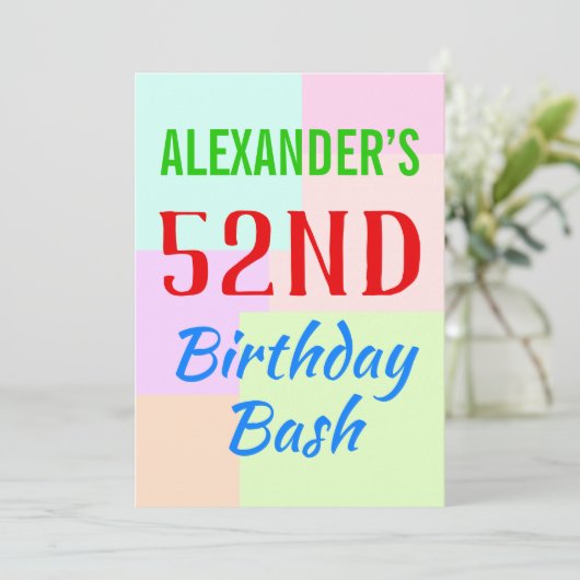 Basic "52nd Birthday Bash" Verjaardag Uitnodiging (Staand voorkant)