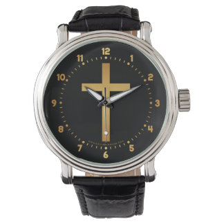 Basic Christelijk Cross Gold op zwart Horloge