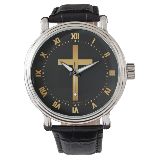 Basic Christelijk Cross Gold op zwart Horloge (Voorkant)