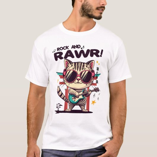 Basic witte Mannen T-Shirt Kawaii Rock Cat (Voorkant)