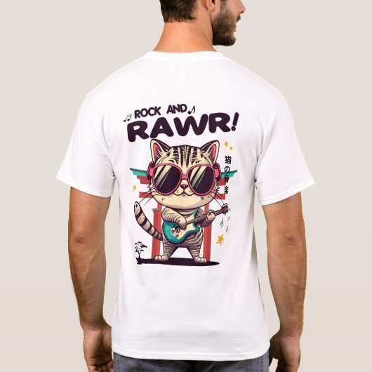 Basic witte Mannen T-Shirt Kawaii Rock Cat (Achterkant)