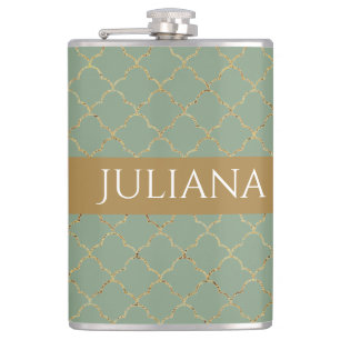 Basil Green Gold Quatrefoil op maat gemaakt Heupfles