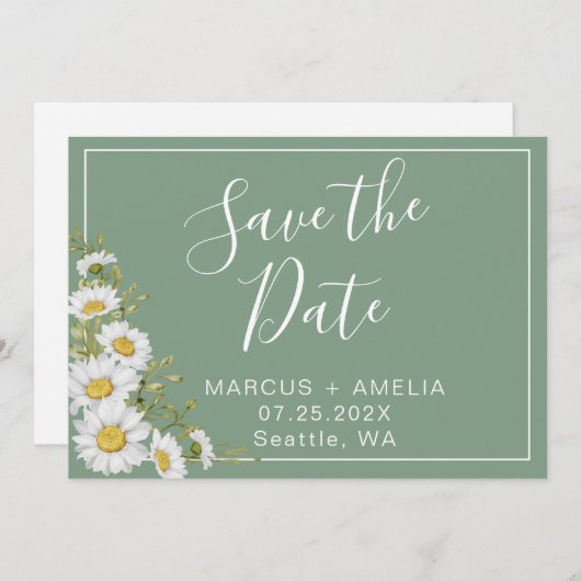  Basil Green & White Daisies sparen de Datum Save The Date (Voorkant / Achterkant)