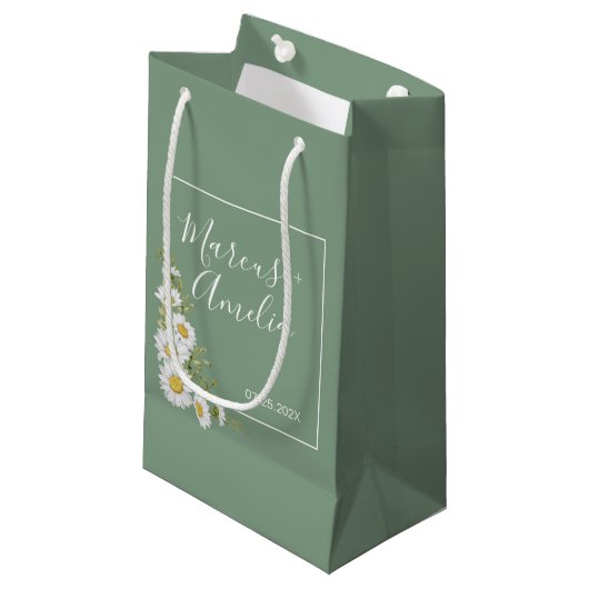  Basil Green & White Daisies Wedding Klein Cadeauzakje (Voorkant Gekanteld)