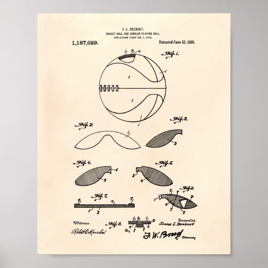 Basket Ball 1916 Patent Art Old Peper Poster (Voorkant)