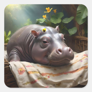 *Basket of Dreams: A Baby Hippo’s Cozy Nap Vierkante Sticker