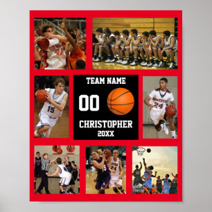 Basketbal 7 Foto collage Rode teamnaam Poster