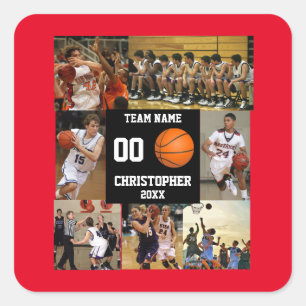 Basketbal 7 Fotocollage Rode teamnaam Vierkante Sticker