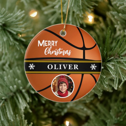 Basketbal Aangepaste Naam Vrolijk Kerstfoto Keramisch Ornament (Boom)