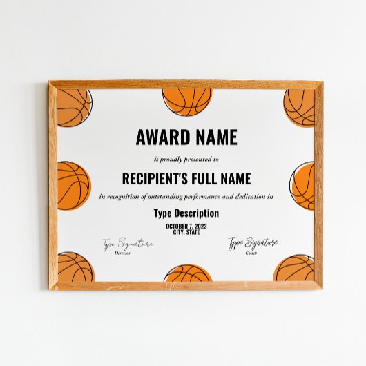 Basketbal award certificaat, mvp award poster