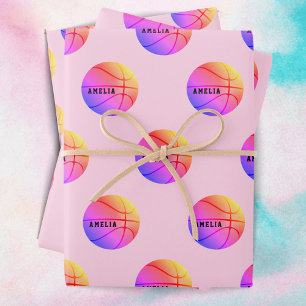 Basketbal Bal Patroon Roze Kinderen Naam Sport Inpakpapier Vel