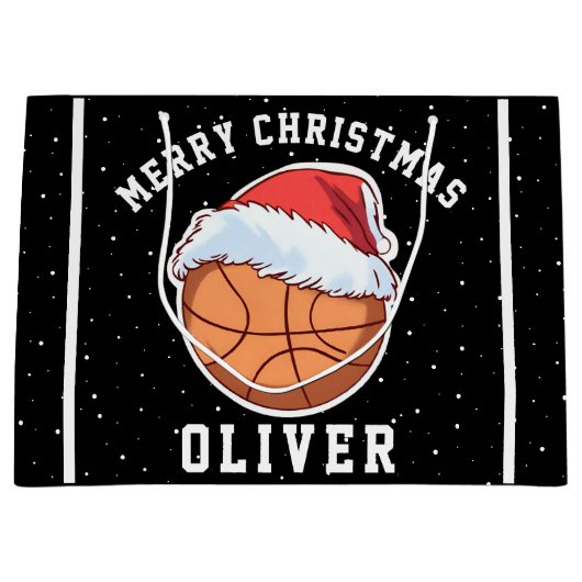 Basketbal bal Santa Hoed Naam Vrolijk Kerstfeest Groot Cadeauzakje (Voorkant)