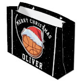 Basketbal bal Santa Hoed Naam Vrolijk Kerstfeest Groot Cadeauzakje (Achterkant Gekanteld)