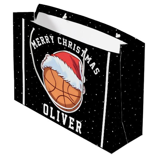Basketbal bal Santa Hoed Naam Vrolijk Kerstfeest Groot Cadeauzakje (Achterkant Gekanteld)