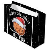 Basketbal bal Santa Hoed Naam Vrolijk Kerstfeest Groot Cadeauzakje (Voorkant Gekanteld)