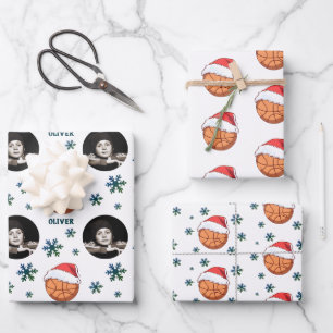 Basketbal bal Santa Hoed Snowflake Naam Foto Inpakpapier Vel