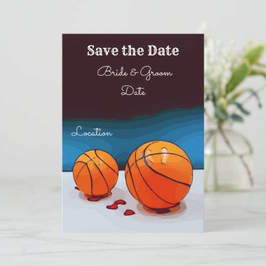 Basketbal bruiloft met liefde op blauwe achtergron kaart (Staand voorkant)