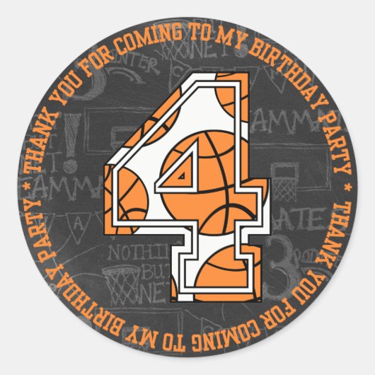 Basketbal Chalkboard 4e Verjaardag Dank u Ronde Sticker (Voorkant)
