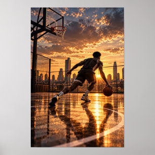 Basketbal dribbelen in de stad bij zonsondergang – poster