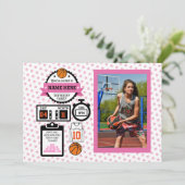 Basketbal Foto Verjaardag Roze Sport Feestje Meisj Kaart (Staand voorkant)