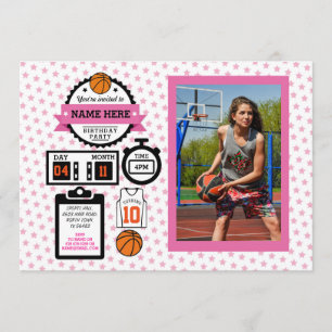 Basketbal Foto Verjaardag Roze Sport Feestje Meisj Kaart