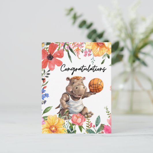 Basketbal gefeliciteerd met Hippo Briefkaart (Staand voorkant)