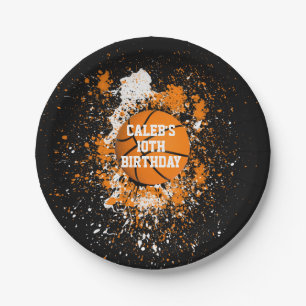 Basketbal Grunge Paint Splatter Sinaasappel Zwart Papieren Bordje