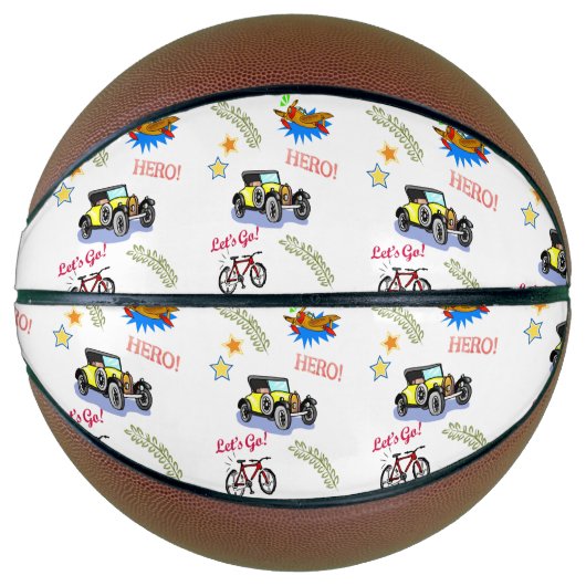 Basketbal held fiets auto vliegtuig (Voorkant)