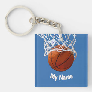 Basketbal Jouw Naam Aangepaste Staalblauwe Achterg Sleutelhanger