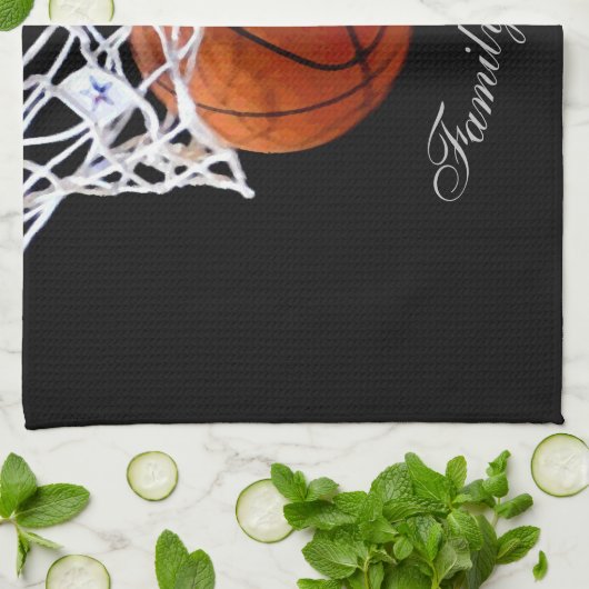 Basketbal Jouw naam Kalligrafie Script Theedoek (Gevouwen)