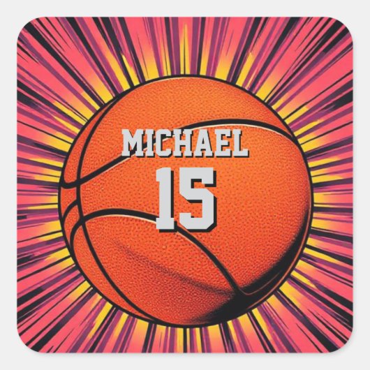 Basketbal Jouw naam Pop Art Vierkante Sticker (Voorkant)