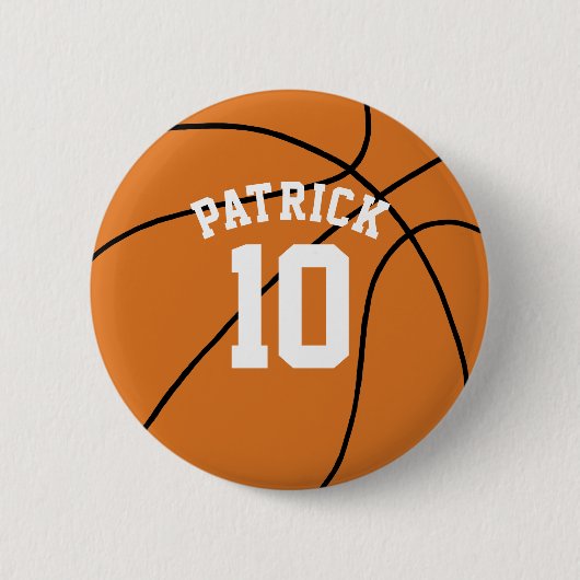 Basketbal met naam en teamnummer ronde button 5,7 cm (Voorkant)