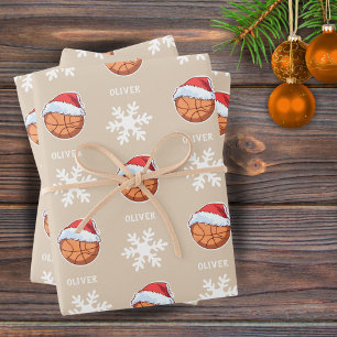 Basketbal met Rode Kerstman Hoed Sneeuwvlok Naam Inpakpapier Vel