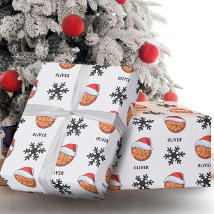 Basketbal met rode Kerstmanhoed Sneeuwvlok Naam Cadeaupapier