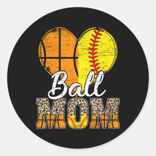 Basketbal Moeder Hart Softbal Mama Luipaard Moeder Ronde Sticker (Voorkant)