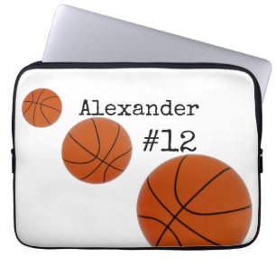 Basketbal Naam en Nummer Witte achtergrond Laptop Sleeve