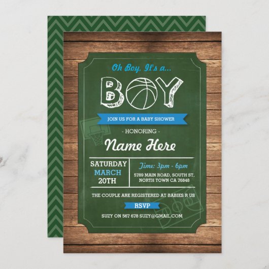 Basketbal Oh Boy Baby shower Sport Uitnodigen Kaart (Voorkant / Achterkant)