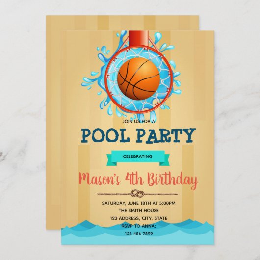 Basketbal Pool Party uitnodiging (Voorkant / Achterkant)