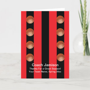 Basketbal, rood/zwart, coach, blanco binnenkant bedankkaart