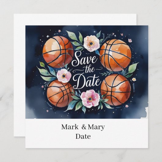 Basketbal Save the date met basketbal op het veld (Voorkant / Achterkant)