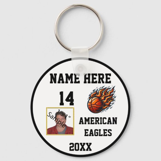 Basketbal Sleutelhangers met Flame Foto b@w (Voorkant)