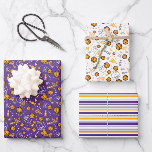 Basketbal thema Pattern Design Gold & Paarse Inpakpapier Vel (Voorkant)