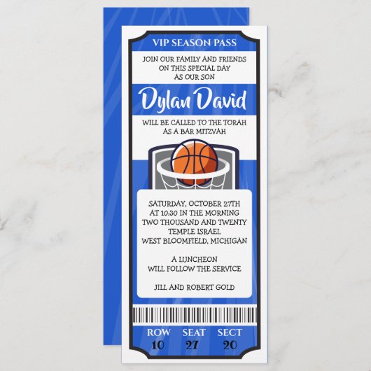 BASKETBAL TICKET Bar Mitswa Uitnodiging (Voorkant / Achterkant)