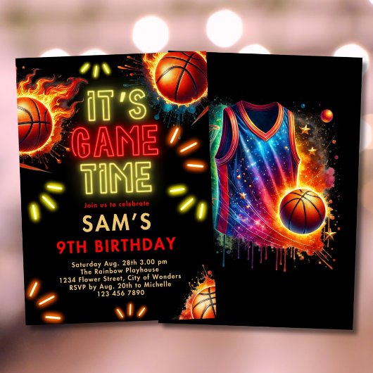 Basketbal Verjaardag Uitnodiging Jongens Neon Game