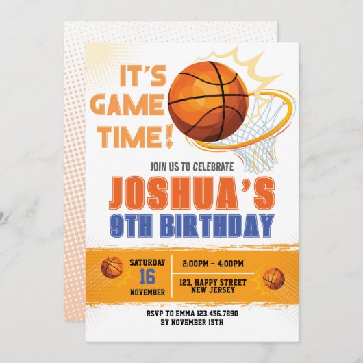 Basketbal verjaardag uitnodiging. sportuitnodiging kaart (Voorkant / Achterkant)