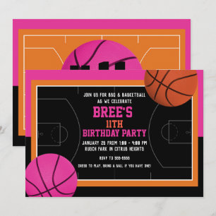 Basketbal verjaardagsfeestje Zwart Roze & Oranje Kaart