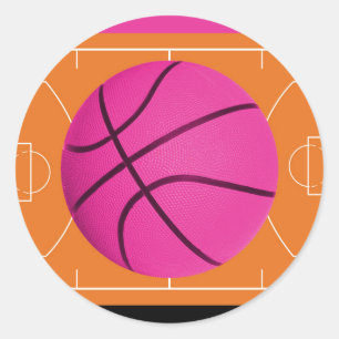 Basketbal Verjaardagsfeestje Zwart Roze & Sinaasap Ronde Sticker